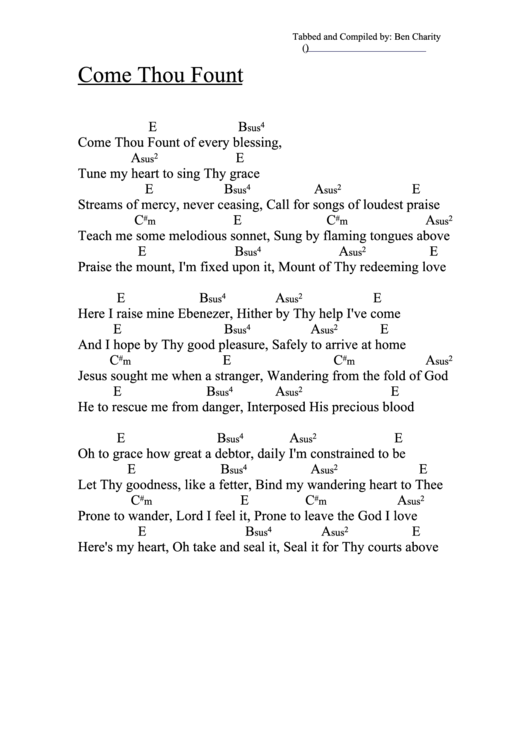 Come Thou Fount (E) Chord Chart Printable pdf