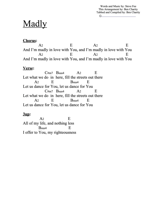 Madly (E) Chord Chart Printable pdf