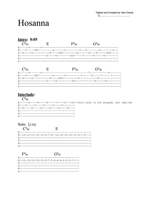 Hosanna (Tab) Chord Chart Printable pdf