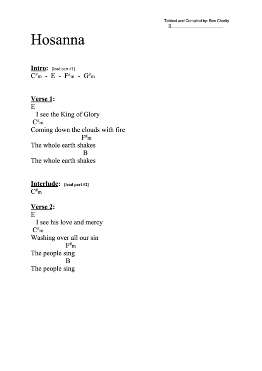 Hosanna (E) Chord Chart Printable pdf