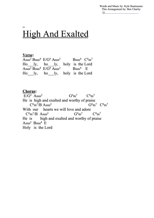 High And Exalted (E) Chord Chart Printable pdf