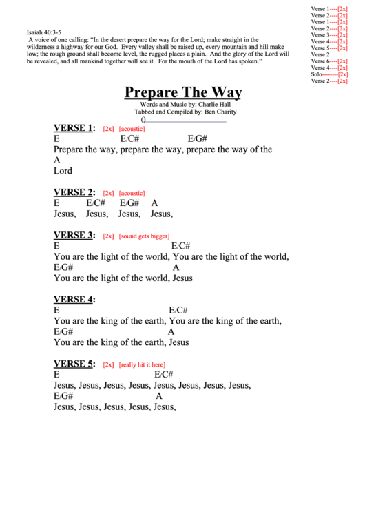 Prepare The Way (E) Chord Chart Printable pdf