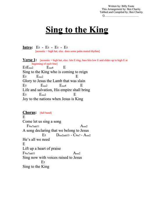 Sing To The King (E) Chord Chart Printable pdf