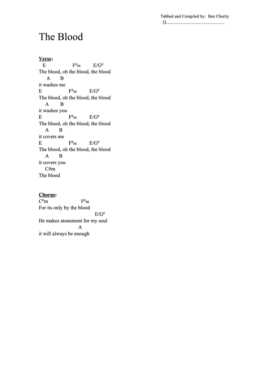 The Blood (E) Chord Chart Printable pdf