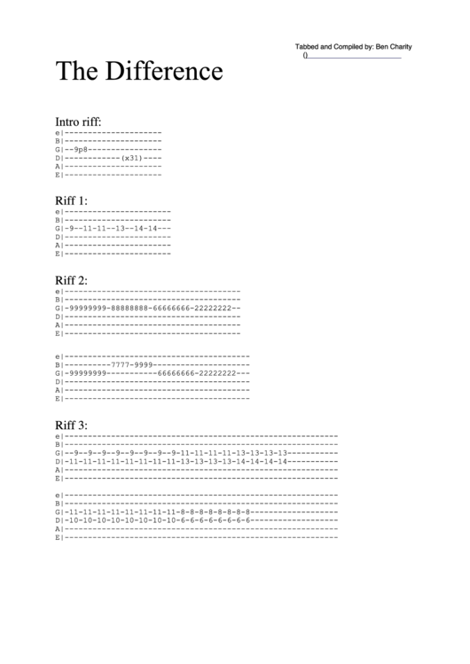 The Difference (Tab) Chord Chart Printable pdf