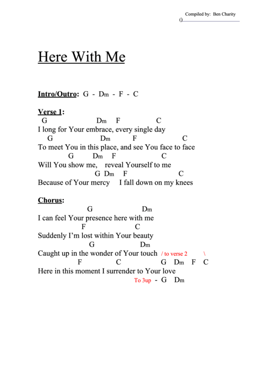 Here With Me (F) Chord Chart Printable pdf