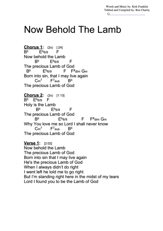 Now Behold The Lamb (F) Chord Chart Printable pdf