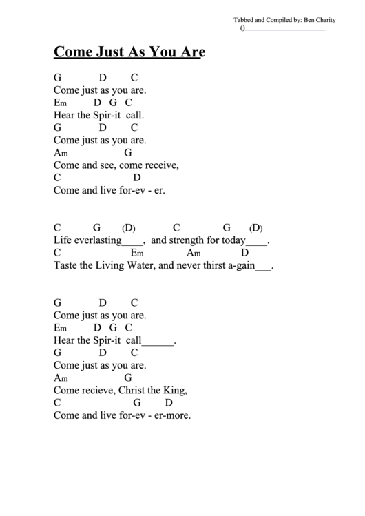 Chord Chart - Come Just As You Are (G) Printable pdf