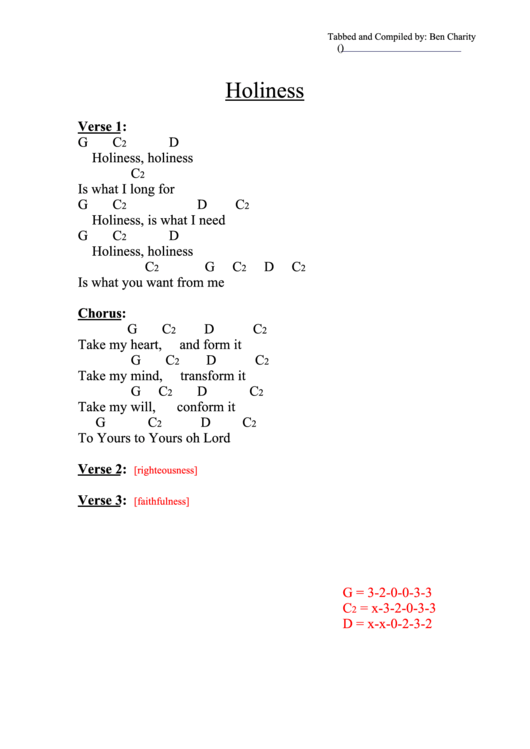 Holiness (G) Chord Chart Printable pdf