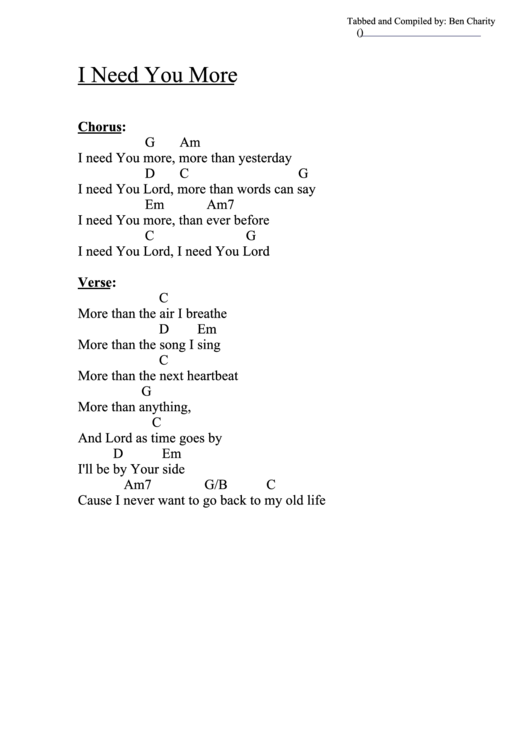 I Need You More (G) Chord Chart Printable pdf