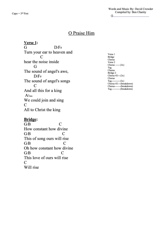 O Praise Him (G) Chord Chart Printable pdf