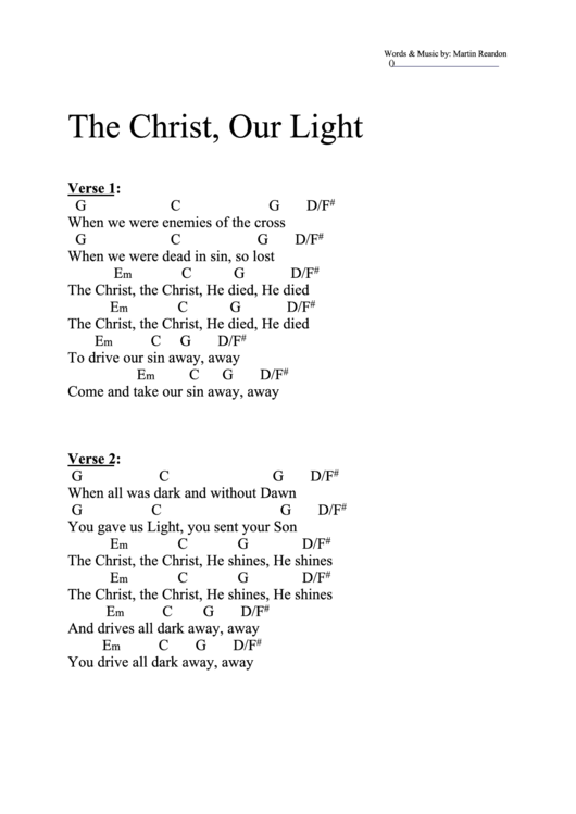 The Christ, Our Light (G) Chord Chart Printable pdf