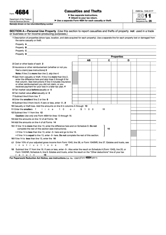 Fillable Casualties And Thefts Form 4684 (2011) Printable pdf