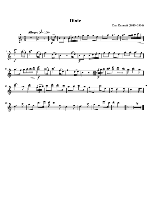 Dixie - Dan Emmett Sheet Music Printable pdf