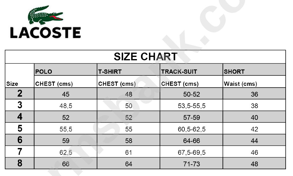Lacoste Size Chart printable pdf download