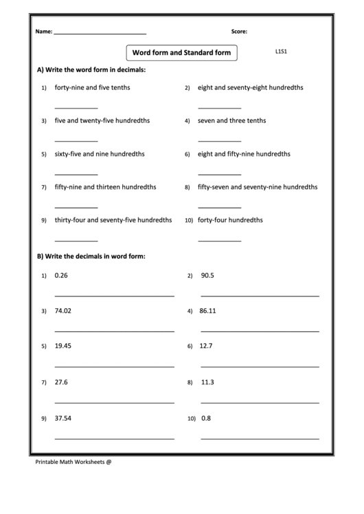 Word Form And Standard Form - Math Worksheets 4 Kids Printable pdf