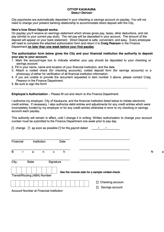 City Of Kaukauna Direct Deposit Form Printable pdf