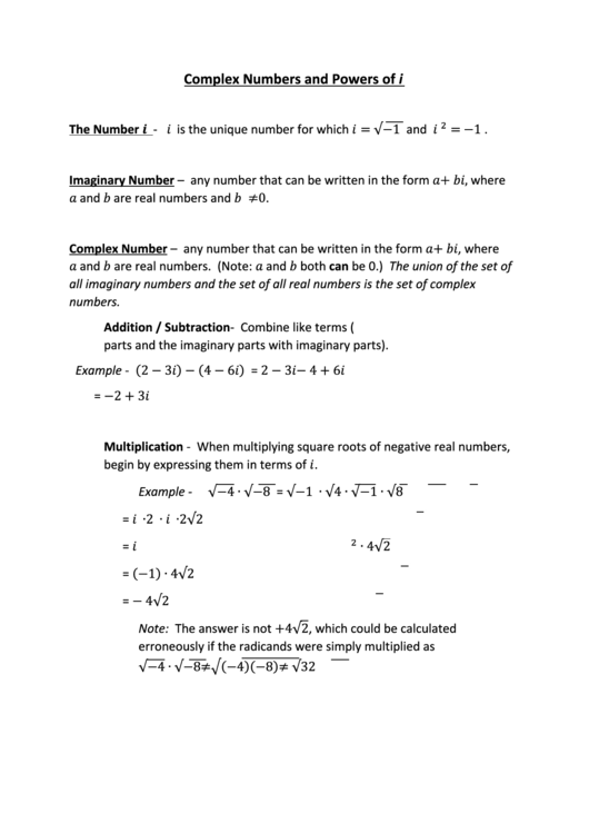 Imaginary And Complex Numbers Practice