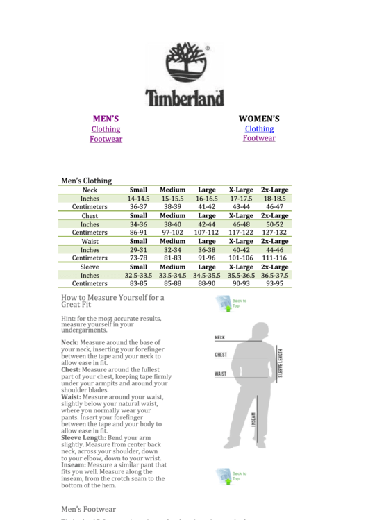 Timberland Size Chart Printable pdf