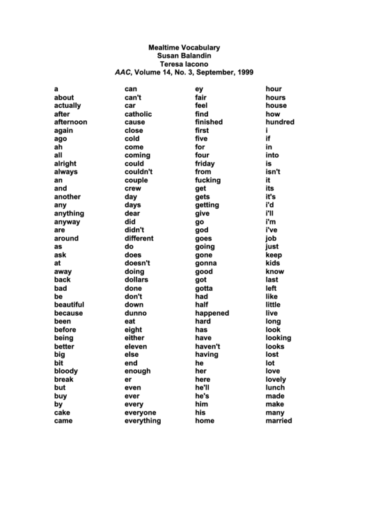 Mealtime Vocabulary Printable pdf