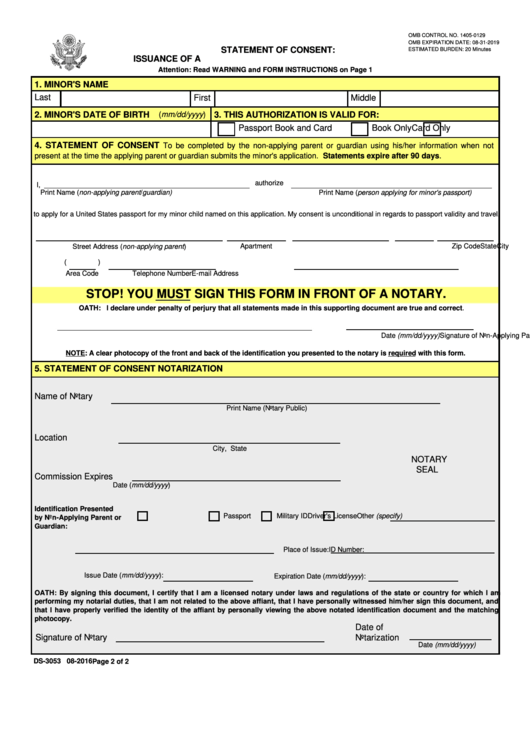 Fillable Statement Of Consent: Issuance Of A U.s. Passport To A Minor Under Age 16 Printable pdf