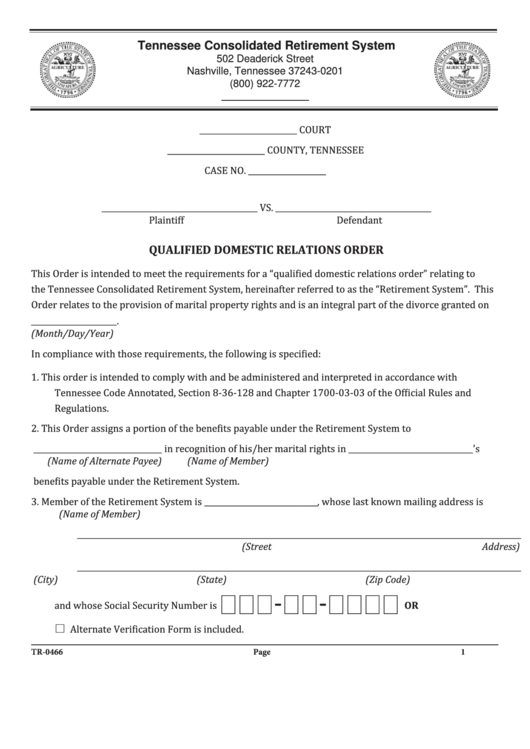 Fillable Qualified Domestic Relations Order - Tennessee Consolidated Retirement System Printable pdf