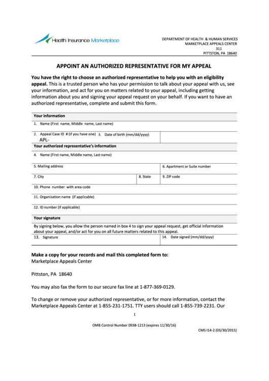 Fillable Appoint An Authorized Representative For My Appeal Printable pdf