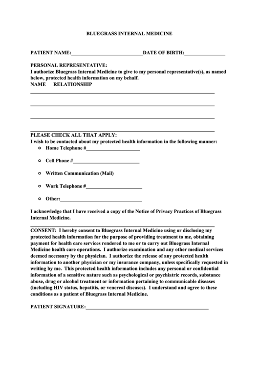 Personal Representative Form - Bluegrass Internal Medicine Printable pdf