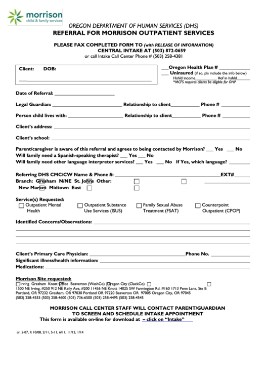 Dhs Referral Form - Morrison Child & Family Services Printable pdf