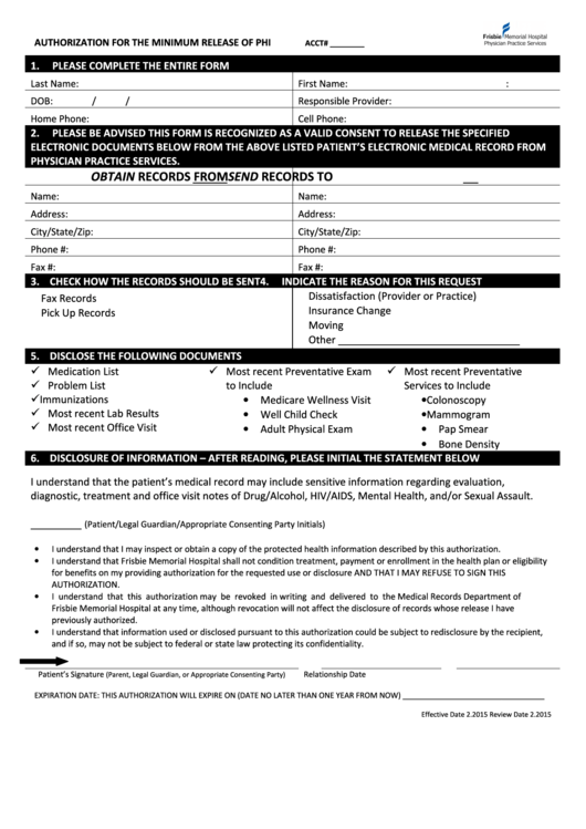Medical Records Release Form - Frisbie Memorial Hospital Printable pdf
