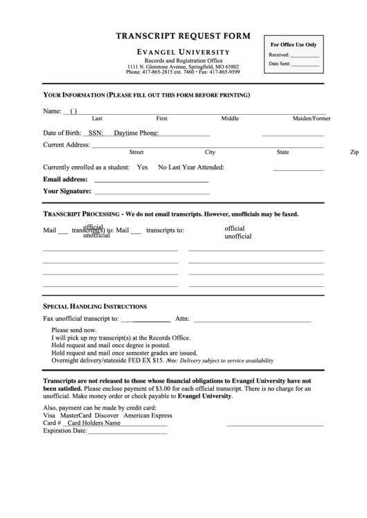 Fillable Transcript Request Form - Evangel University printable pdf ...
