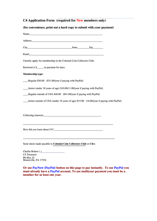 C4 Application Form (Required For New Members Only) Printable pdf