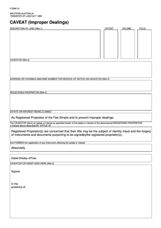 Fillable Form C4 Caveat (Improper Dealings) Printable pdf