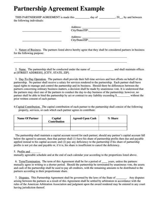 Partnership Agreement Example Printable pdf