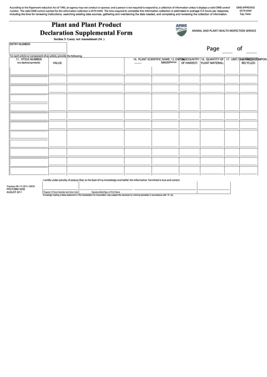 Fillable Plant And Plant Product Declaration Supplemental Form - Aphis Printable pdf