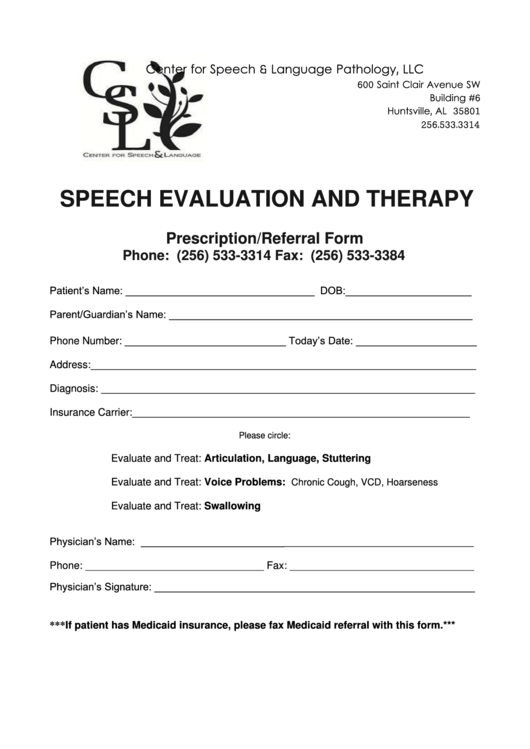 Physician Referral Form - Center For Speech & Language Printable pdf