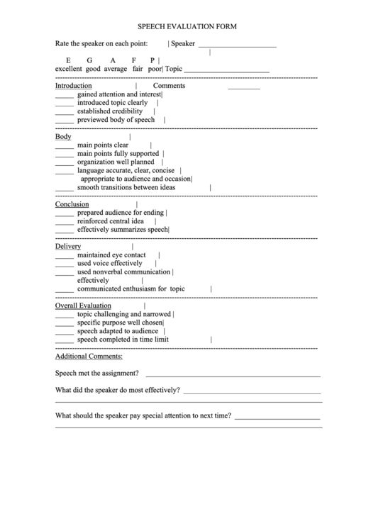 Fillable Speech Evaluation Form Printable pdf