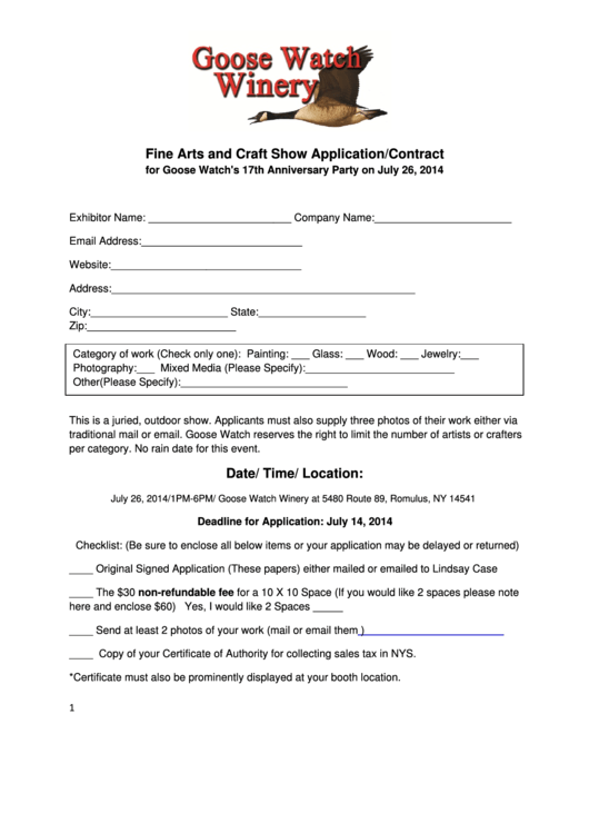 Fine Arts And Craft Show Application/contract Date/ Time/ Location: Printable pdf