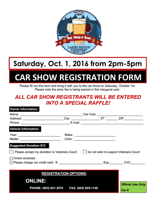 Car Show Registration Form - Veterans Count Printable pdf