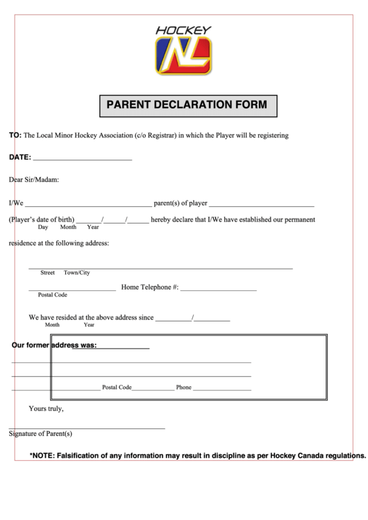 Parent Declaration Form - Hockeynl Printable pdf