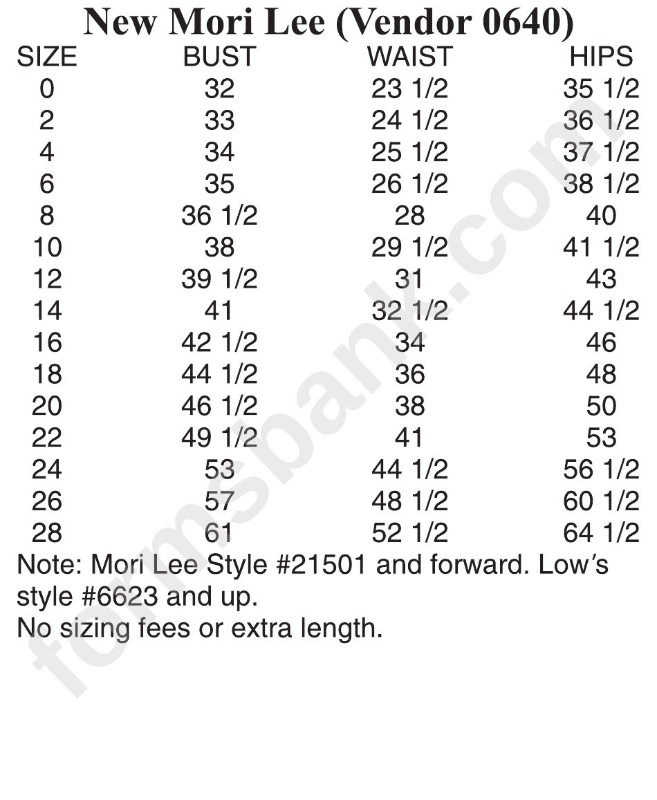 New Mori Lee Size Chart printable pdf download