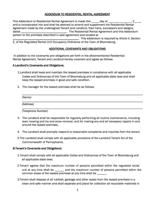 Fillable Addendum To Residential Rental Agreement printable pdf download