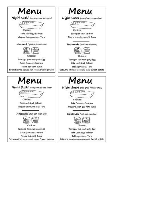 Sushi Menu Template Printable pdf