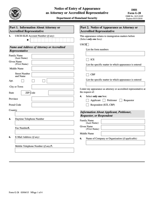 Fillable Dhs Form G-28 - Notice Of Entry Of Apperance As Attorney Or Accredited Representtive Printable pdf