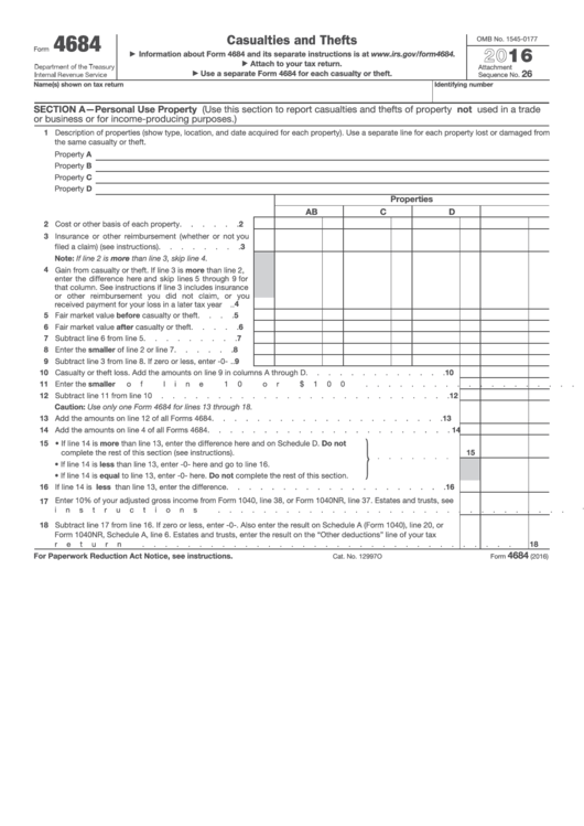 Form 4684 - Casualties And Thefts - 2016 Printable pdf