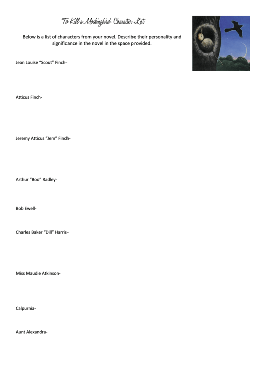To Kill A Mockingbird - Character List Printable pdf