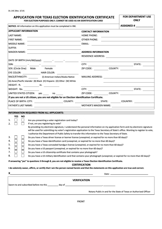 Fillable Form Dl-14c - 2014 Application For Texas Election Identification Certificate Printable pdf