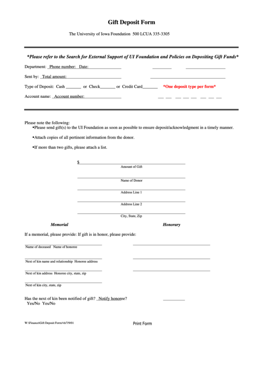 Fillable Gift Deposit Form - University Of Iowa Foundation Printable pdf