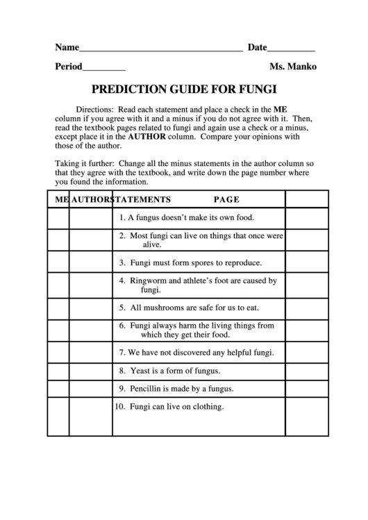 Fillable Prediction Guide For Fungi Printable pdf