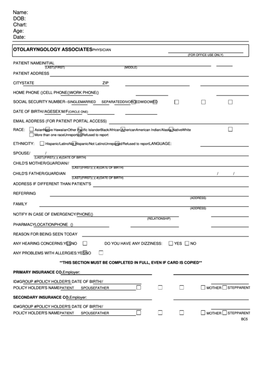 Otolaryngology Associates Patient Information Form Printable pdf